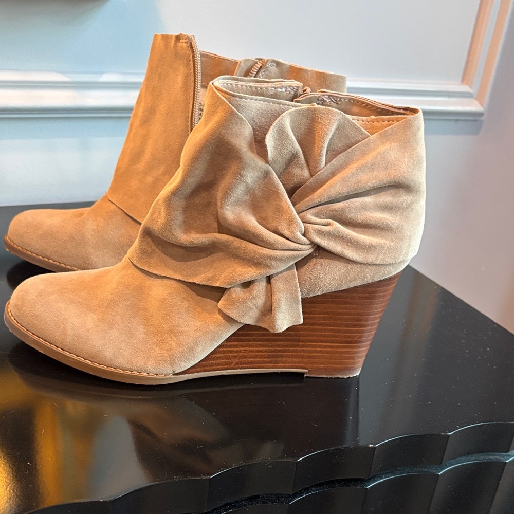 Tan Suede Ankle Boots with Bow Detail